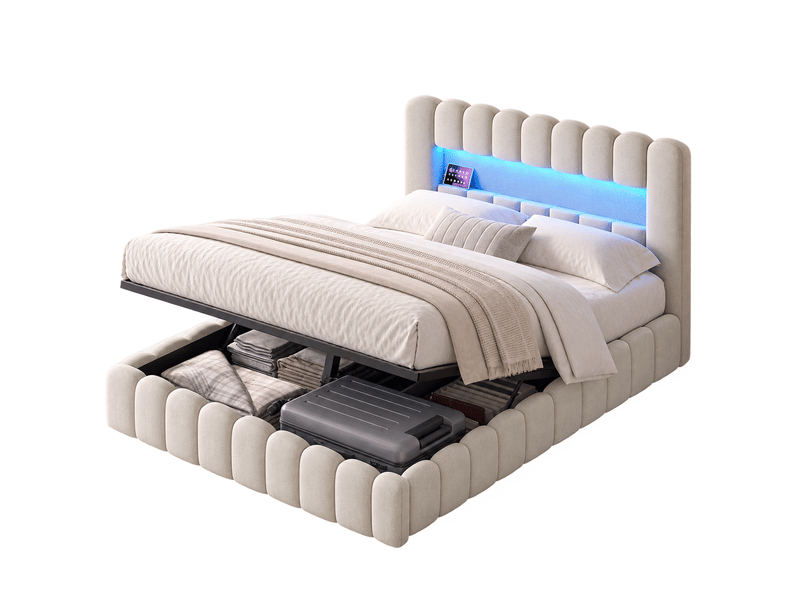  Lit coffre capitonné 160x200 cm, lit 2 places avec sommier, led et usb, rangement et tête de lit, lit adulte en lin, beige  - Conforama A
