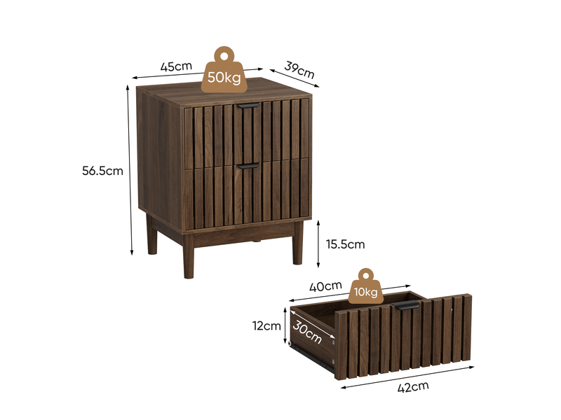  Table de chevet finition noyer en mdf, 2 tiroirs, 45 x 39 x 56,5 cm  - Conforama E