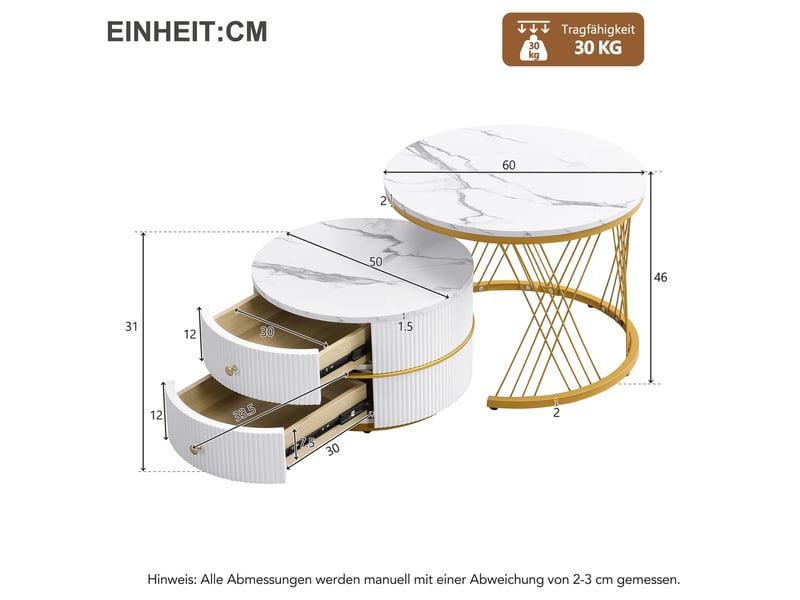  Ensemble élégant de 2 tables basses gigognes blanches, 60 x 60 x 46 cm et 50 x 50 x 30,8 cm, tables rondes aspect marbre brillant, 2 tiroirs, capacité de charge jusqu'à 30 kg, combinaison de tables basses gigognes  - Conforama C