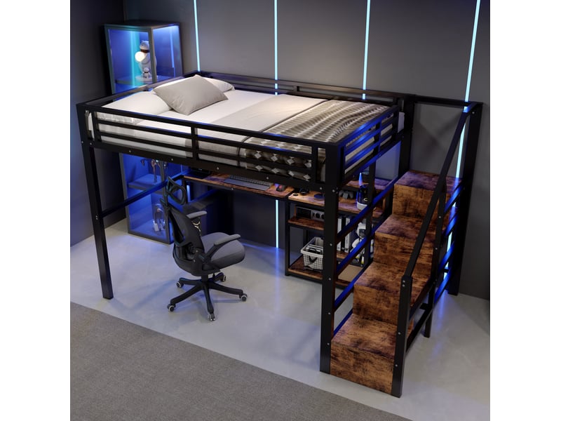  Lit mezzanine 140x200 cm en métal et mdf noir avec échelle-rangement, led multicolore, usb et usb-c, sans matelas  - Conforama E