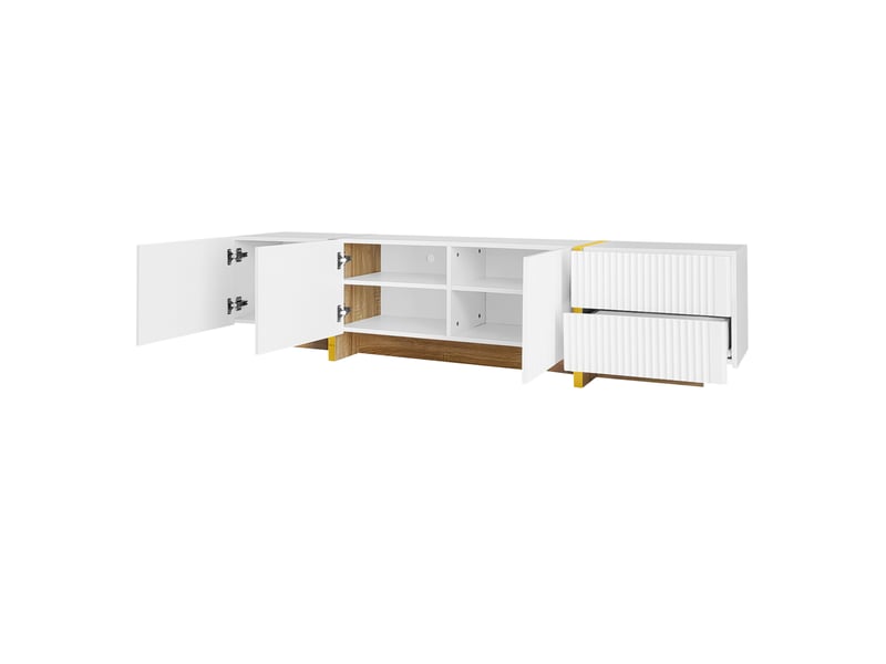  Meuble tv et buffet avec tiroirs, placards et niches ouvertes, façades rainurées sans poignées en mdf blanc  - Conforama E