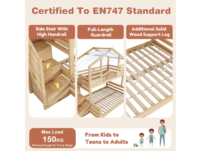  Lit superposé enfant 90x200 et 140x200 cm en bois naturel avec toit à pignon, escalier de rangement, étagères et en 747-1:2024.  - Conforama D