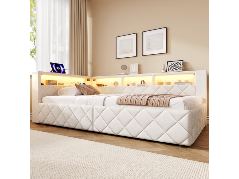  Lit coffre 90x200 en lin beige avec bande led réglable et port usb, sans matelas  - Conforama E