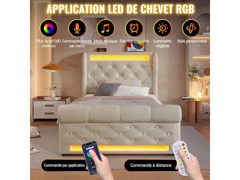 Lit coffre 90x200 cm avec led, ports usb et usb-c, velours capitonné beige - Conforama D