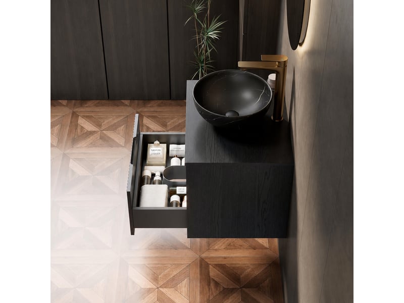  Meuble vasque suspendu 60 cm avec vasque noire en céramique, tiroir et étagère ouverte  - Conforama E