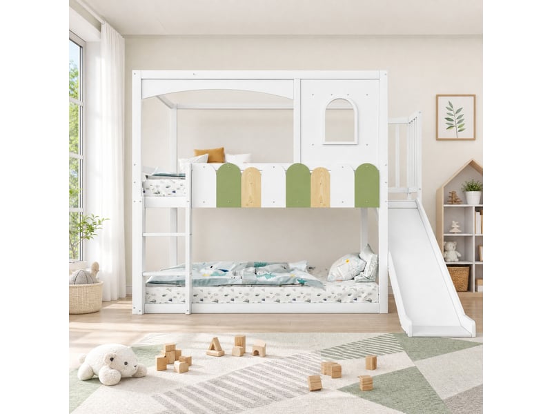  Lit mezzanine enfant 90 × 200 cm 1 place avec toboggan, échelle de sécurité et rangement, sans matelas, bois blanc  - Conforama B