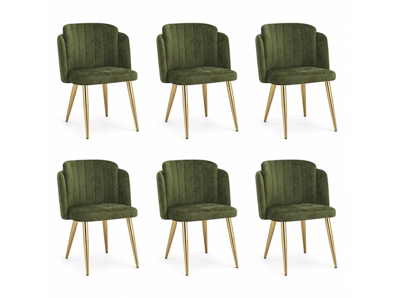  Lot de 6 chaises de salle à manger rembourrées vertes, dossier enveloppant incurvé, pieds métal doré, patins réglables, charge 125 kg, modernes  - Conforama A