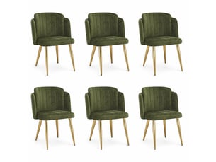 Lot de 6 chaises de salle à manger rembourrées vertes, dossier enveloppant incurvé, pieds métal doré, patins réglables, charge 125 kg, modernes