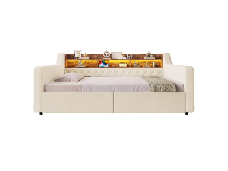 Lit jeune, 90x190 cm, doté d’un espace de rangement, led, usb et type c, 2 tiroirs pratiques, velours, coloris beige  - Conforama A