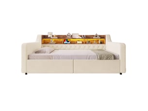Lit avec rangement 90x190 cm <strong>HAVRYA</strong>  <strong></strong> coloris beige