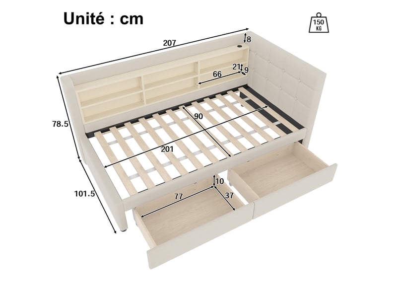 Lit banquette 1 place 200x90 cm en lin beige avec 2 tiroirs, usb, type-c et étagères, sans matelas - Conforama D