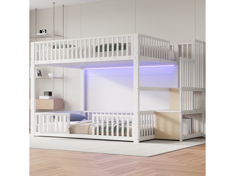  Lit superposé 140 x 200 cm, lit enfant à deux couchages, éclairage led, échelle, barrières de sécurité, sommier à lattes inclus, métal, blanc Morn Vibe - Conforama D