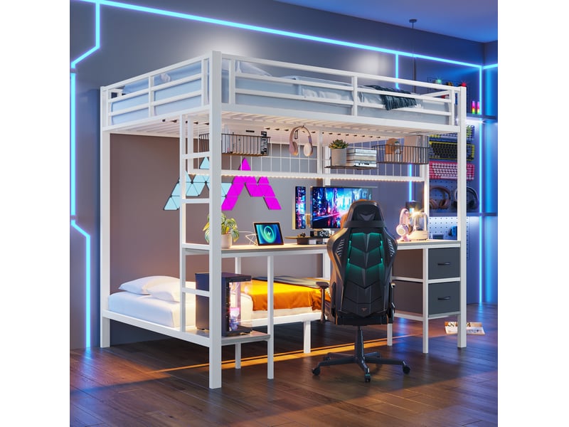  Lit mezzanine enfant 140 x 200 cm avec bureau, rangements et led, blanc  - Conforama D