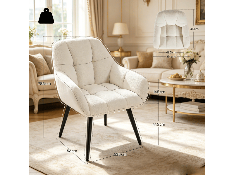  Fauteuil lounge beige avec dossier et accoudoirs, tissu bouclette, pieds en métal  - Conforama C