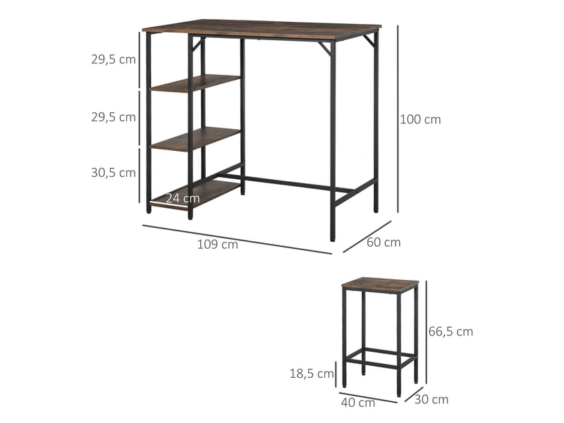  Ensemble table de bar et 2 tabourets avec repose-pieds, étagères à 3 niveaux et coussins, 109 x 60 x 100 cm, marron rustique  - Conforama E