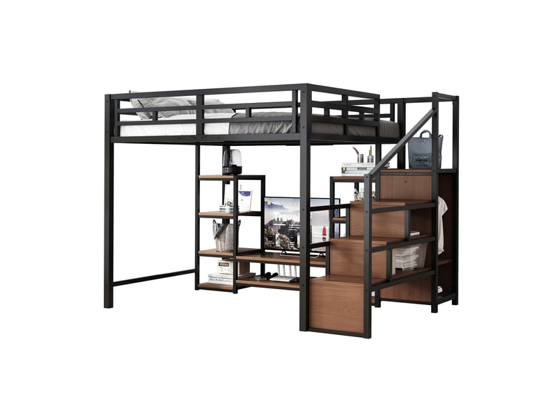  Lit mezzanine 140 × 200 cm 2 places avec meuble tv, prise, échelle de rangement, sans matelas, métal noir  - Conforama A