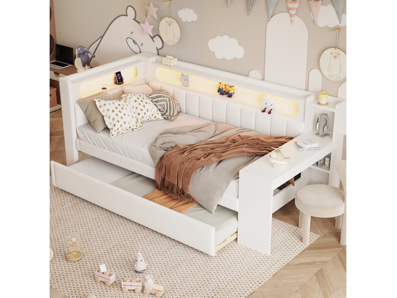  Lit gigogne 90x200 cm avec bureau, éclairage led et usb, blanc  - Conforama C