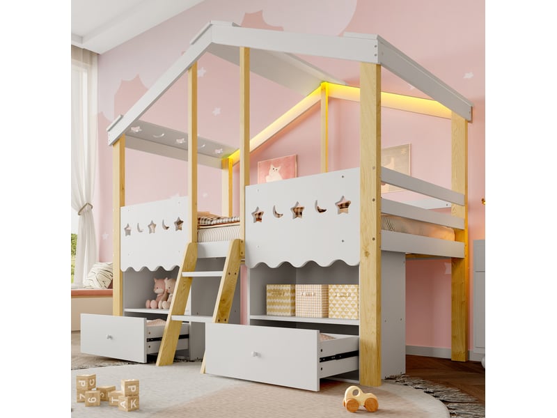  Lit surélevé 90x200 cm, forme maison, bois blanc + naturel, équipé de 2 tiroirs et de led, sans matelas  - Conforama B