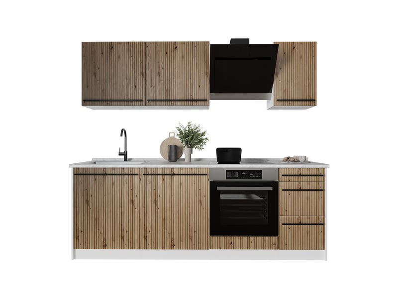  Vicco cuisine, chêne artisanblanc, 220cm plan de travail marbre  - Conforama E