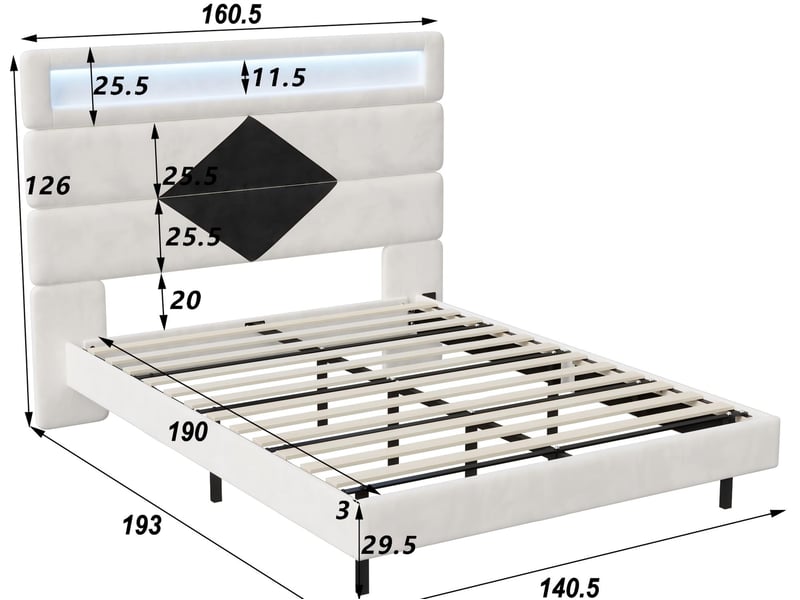 Lit 2 places 140x190 cm - usb et usb c - led intégrée - tissu velours blanc - Conforama C
