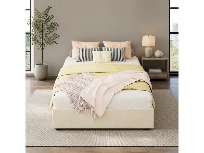  Lit coffre 90x200 cm avec rangement à vérins à gaz, métal, beige, sans tête de lit et sans matelas  - Conforama E