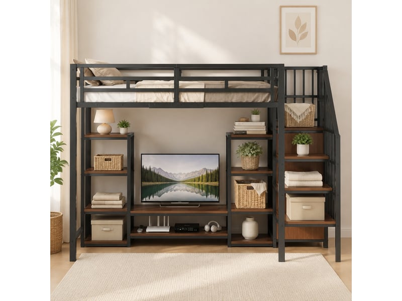  Lit mezzanine 200×90 cm avec meuble tv, prise électrique et échelle de rangement, en métal et mdf, noir  - Conforama B