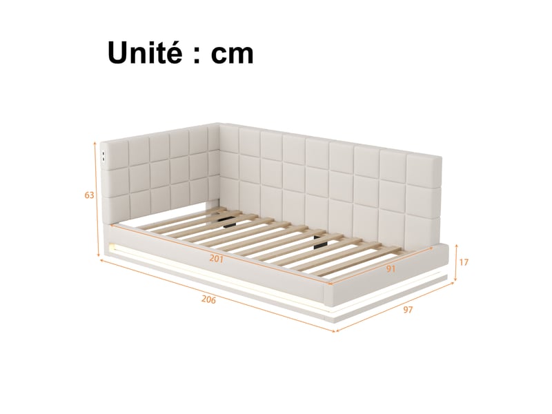 Lit banquette 1 place 200x90 cm en lin avec led et usb, sommier à lattes, sans matelas, beige - Conforama D