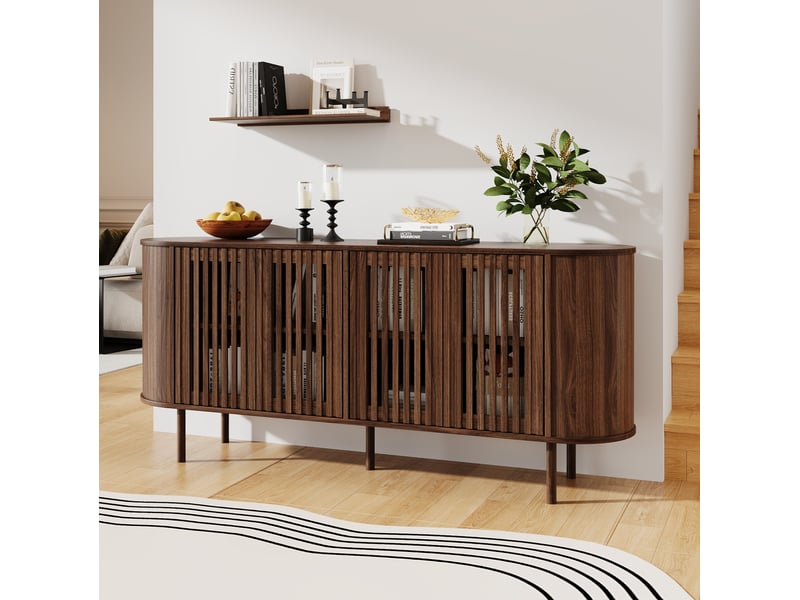 Buffet bas tcqpz 160 x 40 x 70 cm 4 portes battantes rangement mdf noyer pieds métal - Conforama B