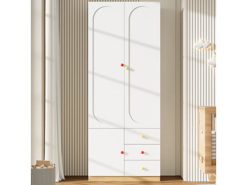  Armoire enfant 2 portes avec tiroirs, penderie et poignées en céramique colorée, finition laquée blanche, meuble de rangement moderne pour chambre d’enfant OPULERANE TRADING LTD - Conforama E