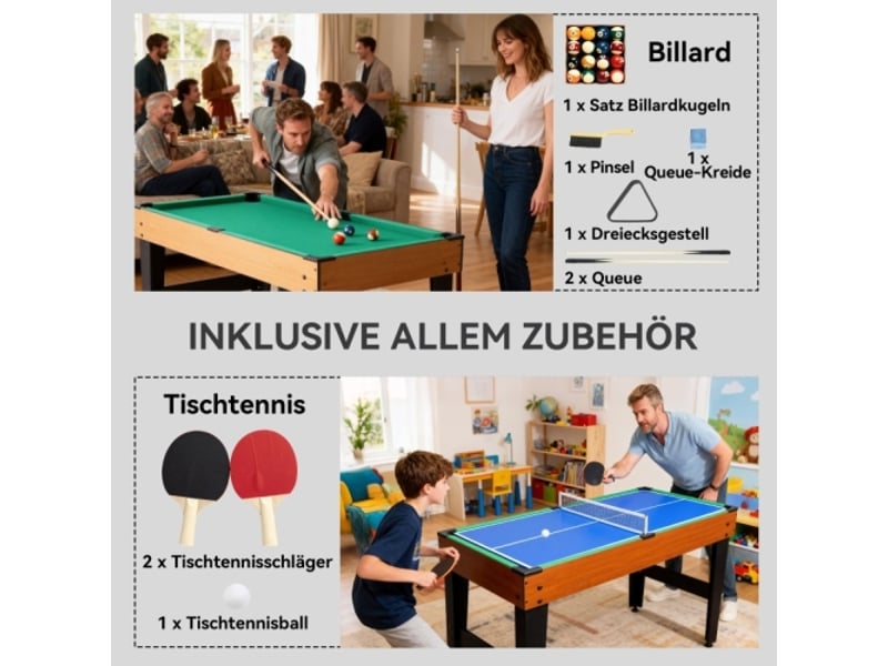Table de jeu 5 en 1, baby-foot, hockey, ping-pong, billard, basket, 53 accessoires, noyer - Conforama D
