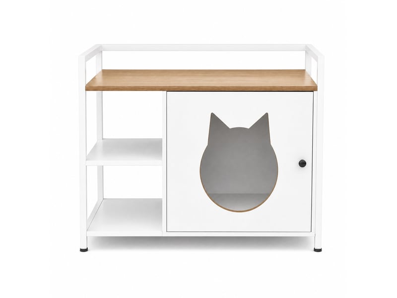  Meuble cache-litière félin avec table d'appoint 76x54x59 cm – blanc et chêne clair – 2 étagères ouvertes  - Conforama A