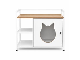 Meuble cache-litière félin avec table d'appoint 76x54x59 cm – blanc et chêne clair – 2 étagères ouvertes