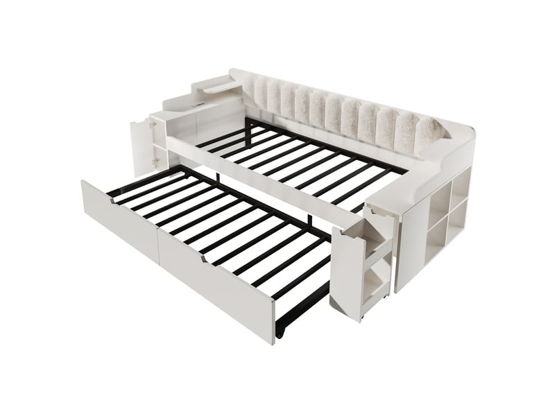  Lit banquette 90x200 cm blanc avec lit gigogne, rangement et station de charge  - Conforama E
