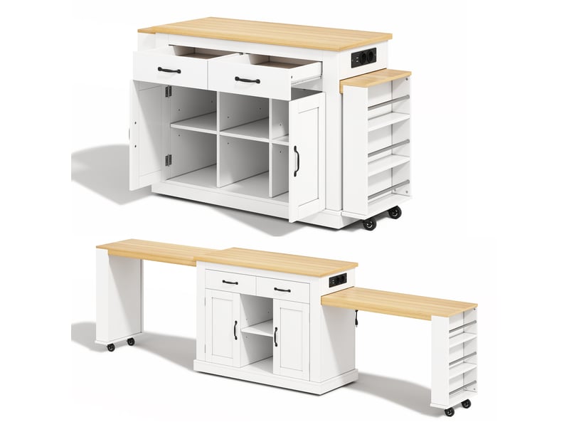  Îlot de cuisine extensible avec double plan de travail, longueur maximale 340 cm, prises électriques et ports usb, 142x55x93cm  - Conforama W
