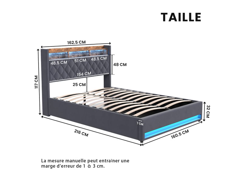  Lit rembourré ulevr en velours avec tête de lit, 160x200 cm, mousse haute résilience, gris foncé  - Conforama C
