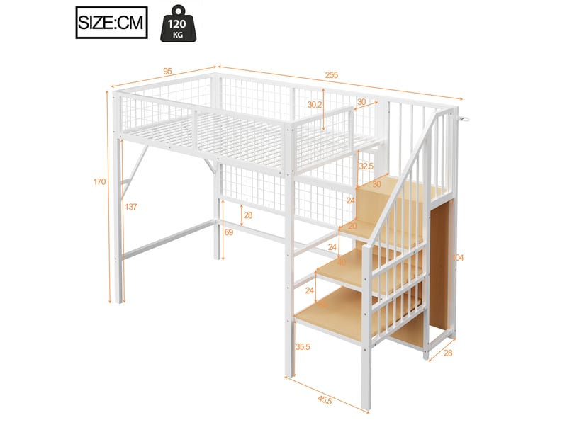  Lit mezzanine enfant 90x200 cm avec escalier et led, coloris blanc  - Conforama C