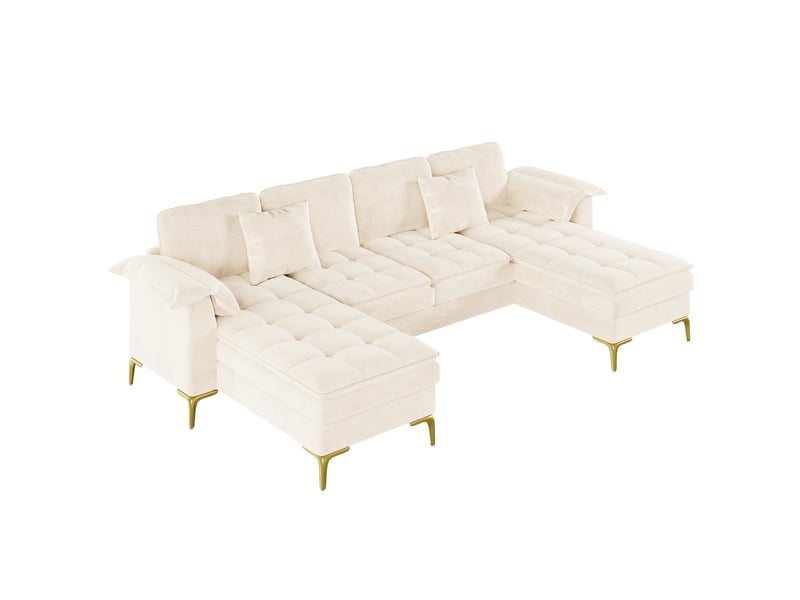  Canapé d’angle en u modulable 262 x 134 cm – beige – 4 places, chenille et 2 méridiennes, pieds métalliques dorés  - Conforama D