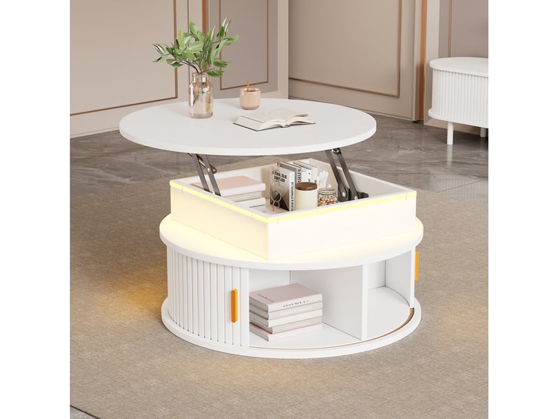  Table basse ronde relevable led avec 5 rangements et 2 portes enroulables pour salon, mdf blanc, 75 × 75 × 52 cm  - Conforama D