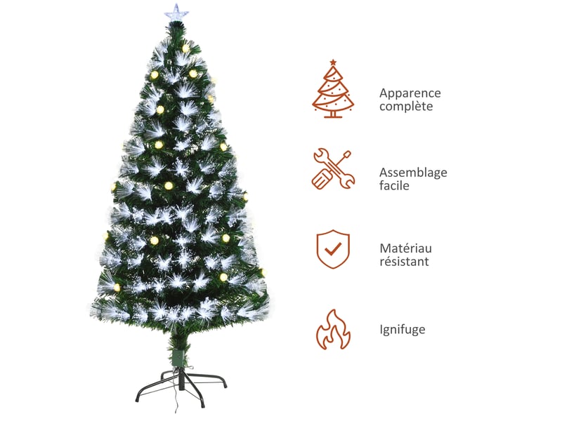  Sapin de noël artificiel lumineux 120h cm fibre optique led + support pied 130 branches étoile sommet brillante vert + 20 ampoules  - Conforama W