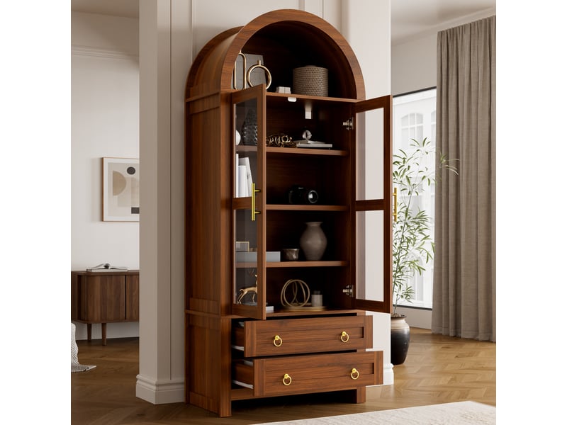  Vitrine haute 76x40x180 cm, éclairage led, portes vitrées, 2 tiroirs, design arqué, usb, rangement pour salon et séjour - noyer  - Conforama E