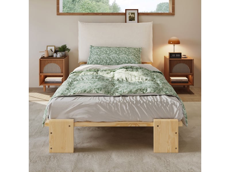  Lit simple 90 x 200 cm cadre rembourré dossier rembourré à fermeture velcro pin mousse et contreplaqué couleur naturelle  - Conforama A