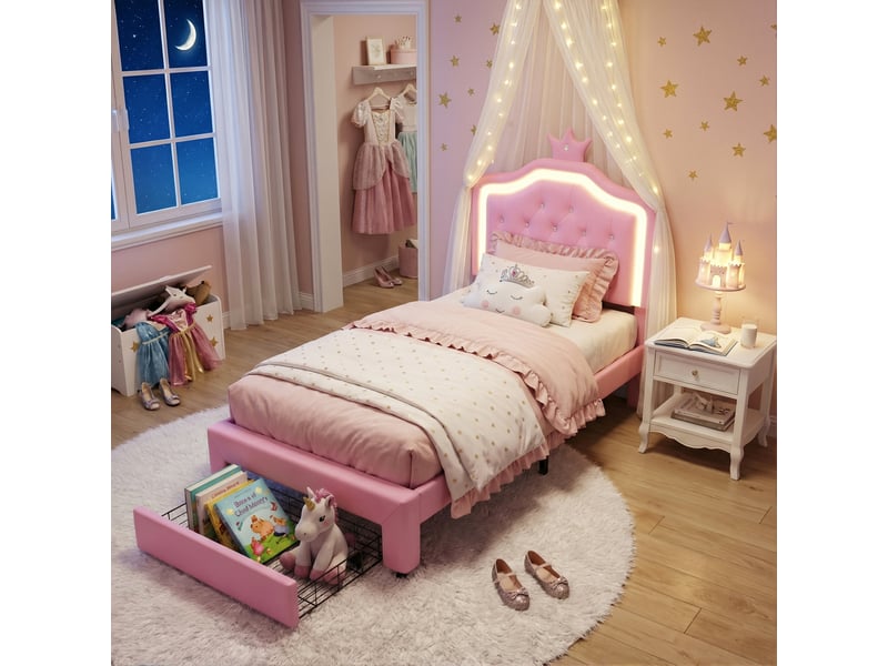  Dreammespace lit enfant 90x200 cm - lit capitonnée couronne led avec 1 tiroir &amp; hauteur réglable, cuir pu rose 240129YTT0103#ADcFJ8N7DEHWLY - Conforama B