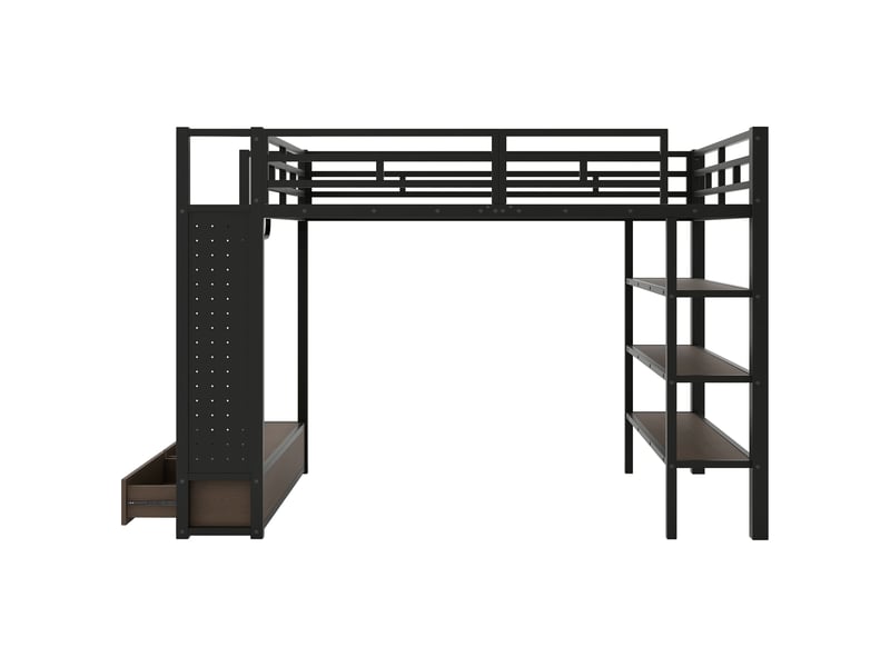  Lit mezzanine 140x200 cm en mdf et métal noir avec led et rangements  - Conforama D