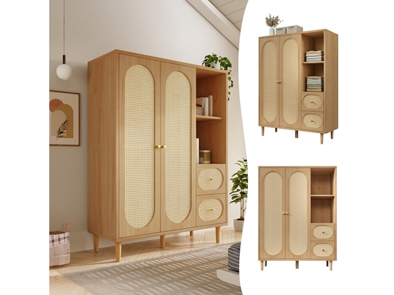  Armoire de chambre en chêne 2 portes avec 2 tiroirs, penderie et étagères, 161x120x48 cm, style campagne  - Conforama B