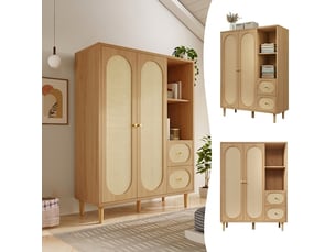 Armoire de chambre en chêne 2 portes avec 2 tiroirs, penderie et étagères, 161x120x48 cm, style campagne
