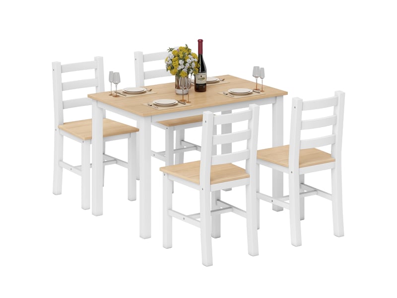  Ensemble de salle à manger 5 pièces pour 4 personnes, table et chaises de style champêtre en bois massif, naturelblanc  - Conforama A