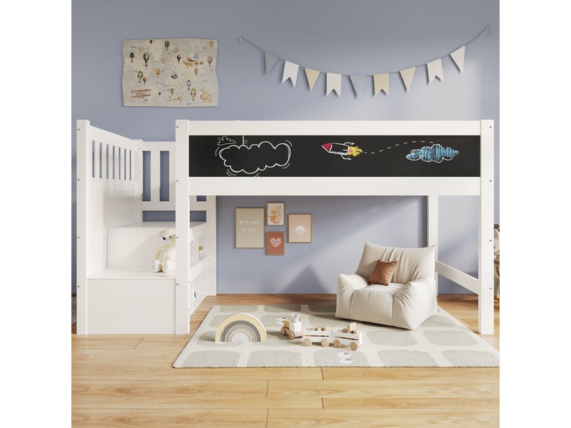 Lit mi-hauteur enfant 90 x 200 cm, lit surélevé, escalier avec rangements, tableau réversible, barrière de sécurité, structure en bois et mdf blanc - Conforama B
