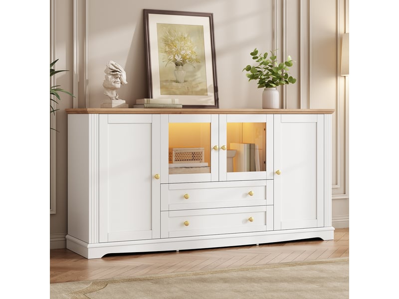  Buffet 160x40x80.5cm avec 4 portes vitrées, 2 tiroirs, poignées en fer et éclairage led pilotable par application, mdf, blanc evarich - Conforama B
