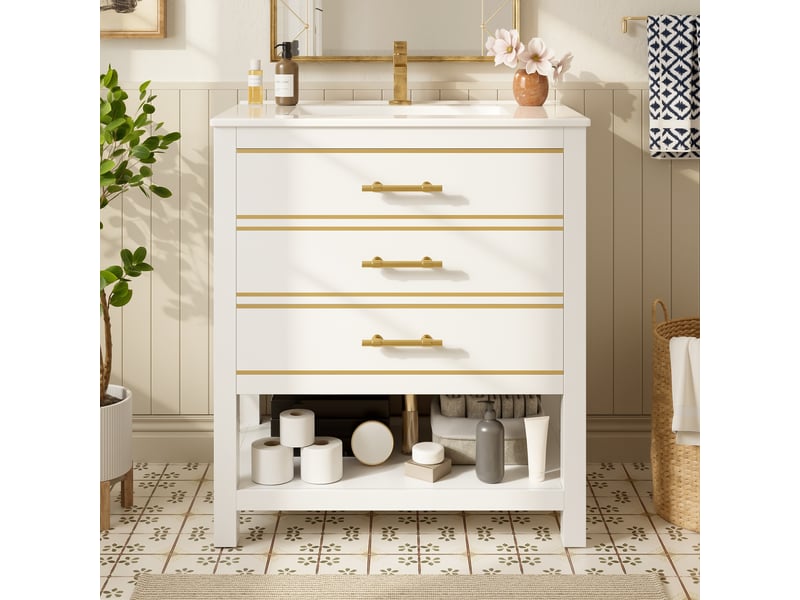 Meuble sous vasque avec 2 tiroirs et niche ouverte, vasque en céramique, salle de bain, mdf blanc et doré, 76 cm - Conforama C