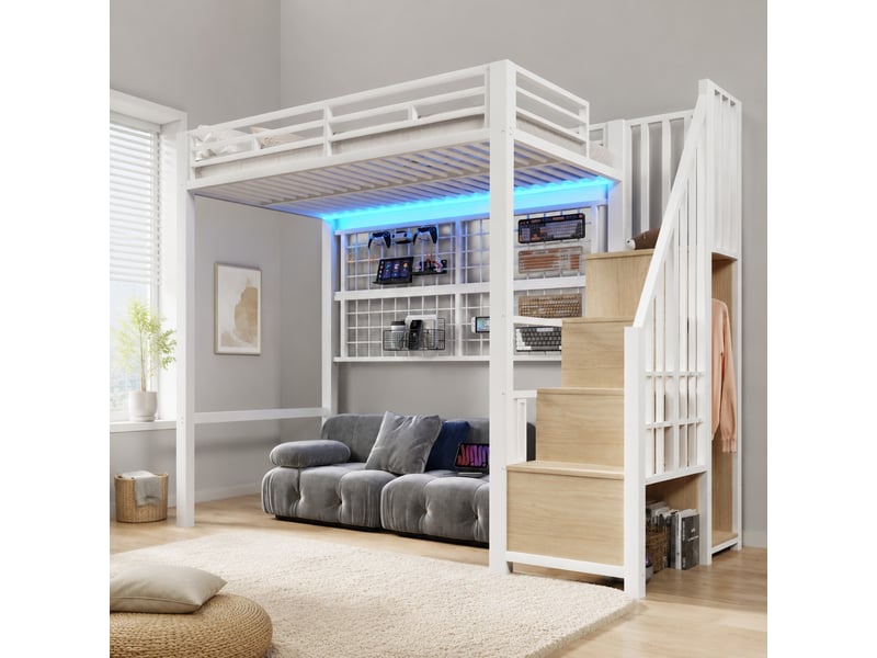 Lit mezzanine 90x200 cm avec échelle de rangement et éclairage led 7 couleurs en métal blanc - Conforama B